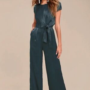 Lulu's Let Me Entertain You Dark Green Satin Wide-Leg Jumpsuit Large
